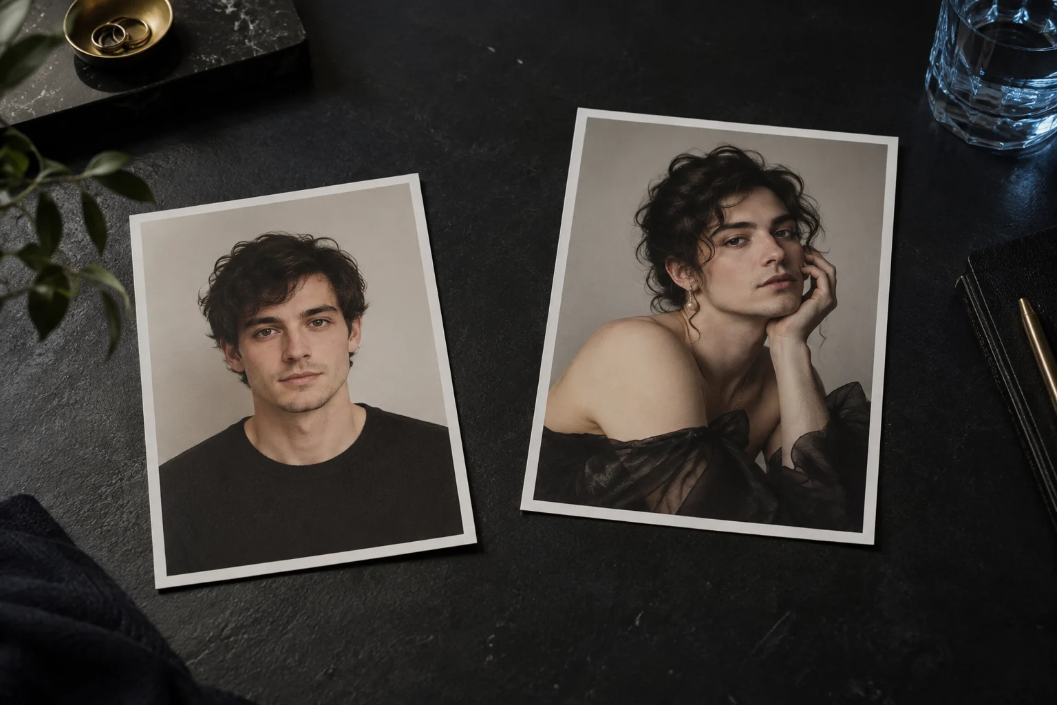 Two printed portraits suggest a source and a creative reinterpretation